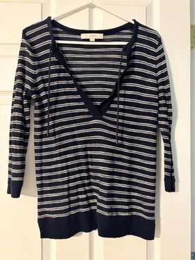 LOFT Navy & White Striped V-Neck Sweater with Drawstring